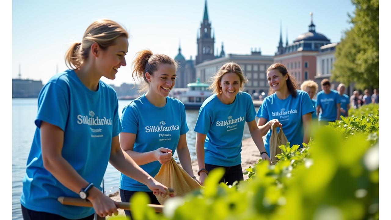 Silkkilanka Pesulan tiimin jäseniä osallistumassa paikalliseen rantasiivoustapahtumaan Helsingin rannalla, taustalla Itämeren maisema ja kaupunki.